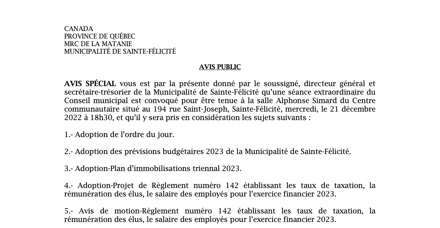Avis public Budget 2023 Municipalité de SainteFélicité