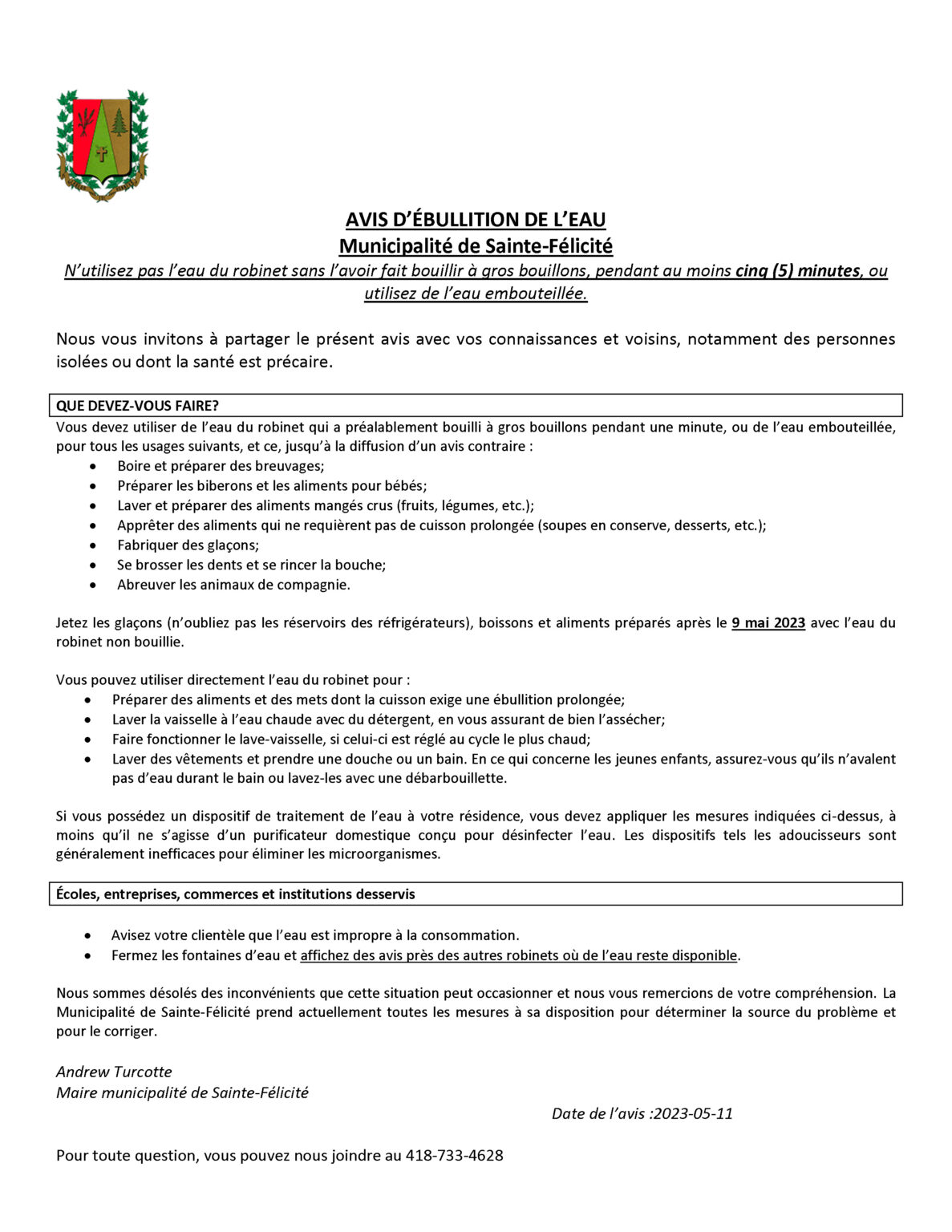 Avis d'ébullition de l'eau Municipalité de SainteFélicité